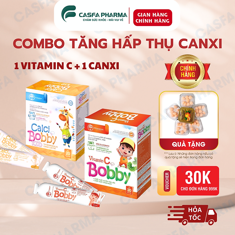 Combo Canxi hữu cơ TW Hanopharco và Vitamin C tăng hấp thụ chiều cao cho trẻ