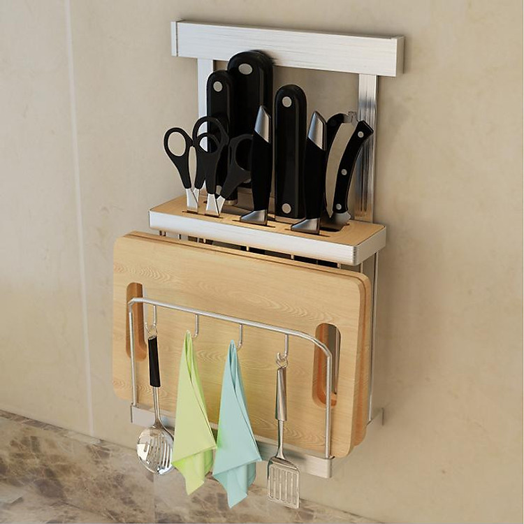 Kệ Để Dao Thớt Treo Tường Inox 304 Không Gỉ Có Móc Treo Đa Năng Tiện Lợi