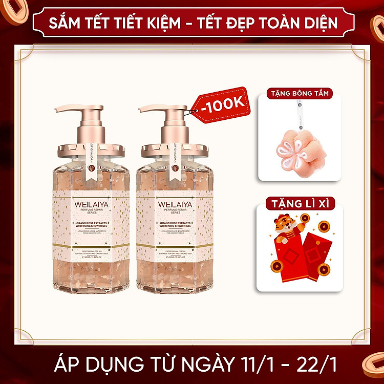 Combo 2 chai sữa tắm trắng da cánh hoa hồng Damask Weilaiya Grand Rose Extracts Whitening Shower Gel 450ml