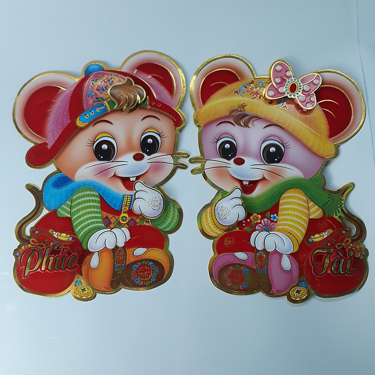 Bộ Hình Dán Nổi Hình Hai Chú Chuột Trang Trí Tết 2020 Mẫu 2