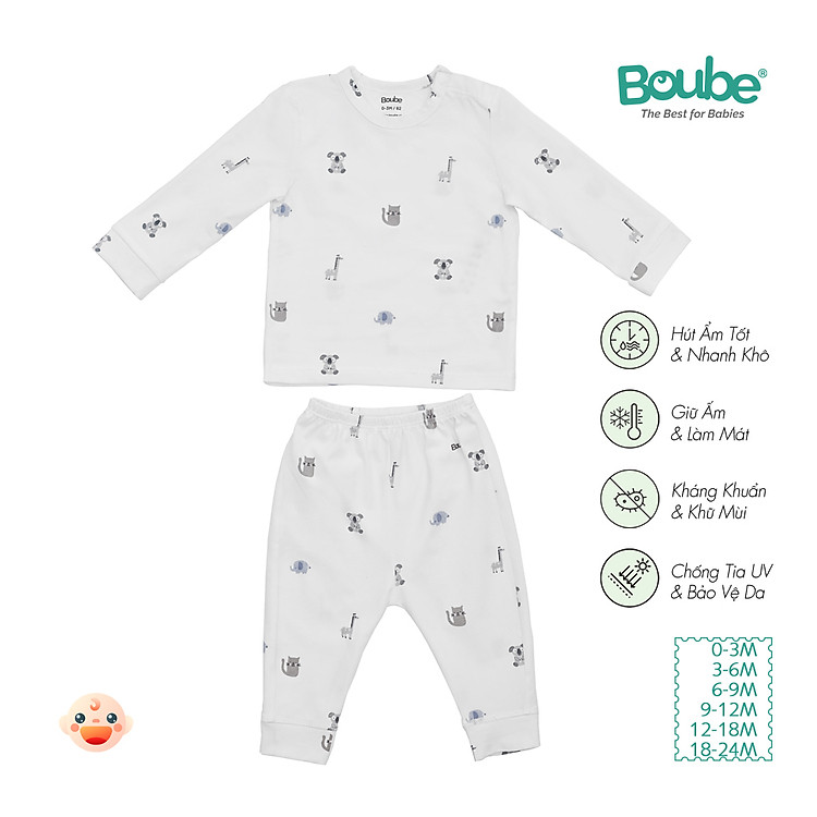 Bộ quần áo dài tay cúc bấm vai họa tiết xinh xắn cho bé Boube, Vải Cotton organic thoáng mát - Size 0-24M
