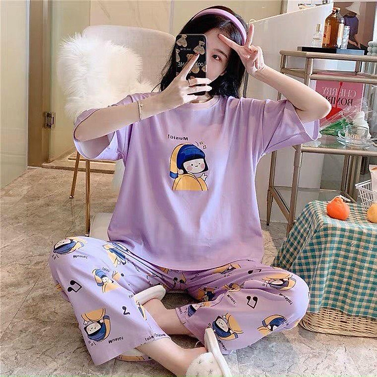 Set đồ bộ nữ thun lạnh cotton in hình 3D chibi tím cực dễ thương, chất thun cotton mềm mịn, thoải mái, co giãn tốt