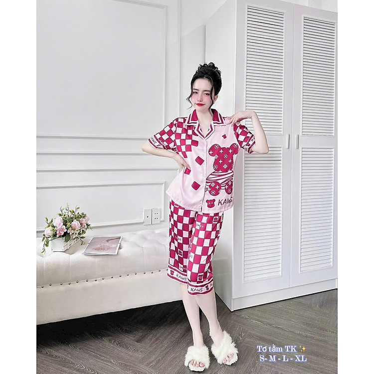 Bộ đồ ngủ lụa cao cấp cổ vuông bèo nhún tay lỡ quần dài H104