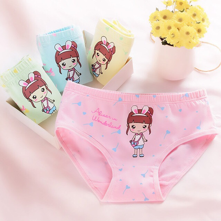 Quần chip tam giác bé gái set 4 cái 4 màu cô gái đeo túi