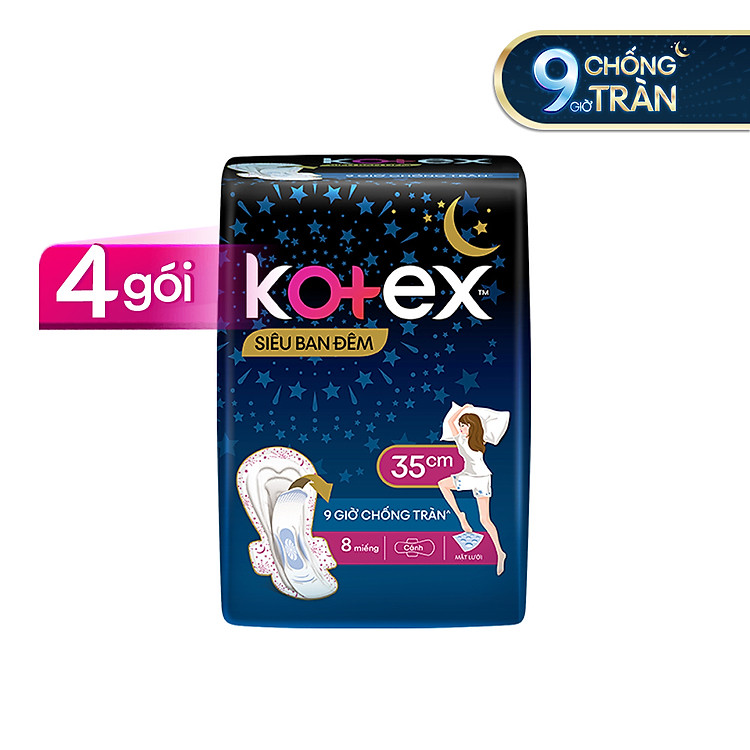 Combo 4 Gói Băng Vệ Sinh Kotex Siêu Ban Đêm 9h chống tràn, dày cánh 35cm (8 miếng/gói)