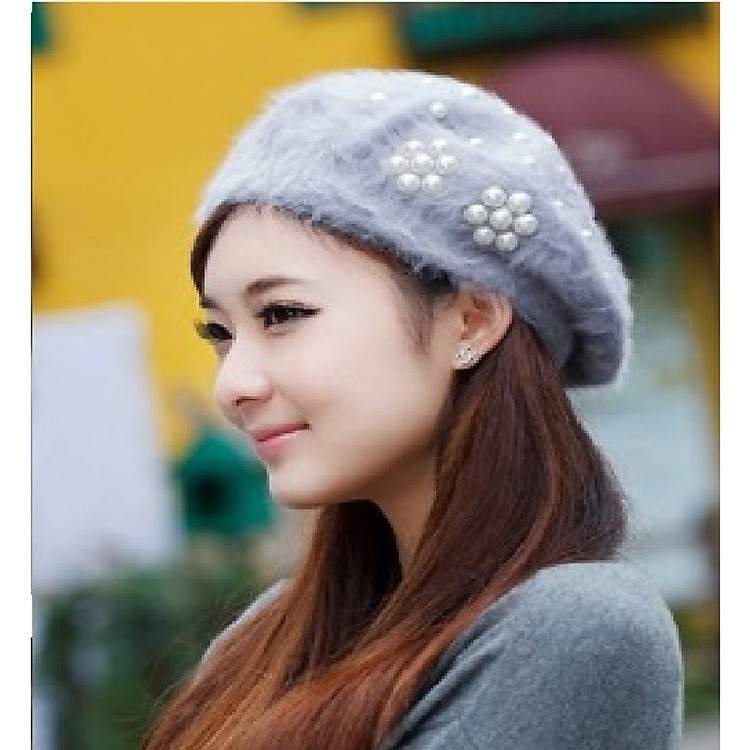 nón len nữ lông thỏ phong cách mũ nồi cá tính, đính hạt giả ngọc trai siêu xinh ( màu xám)