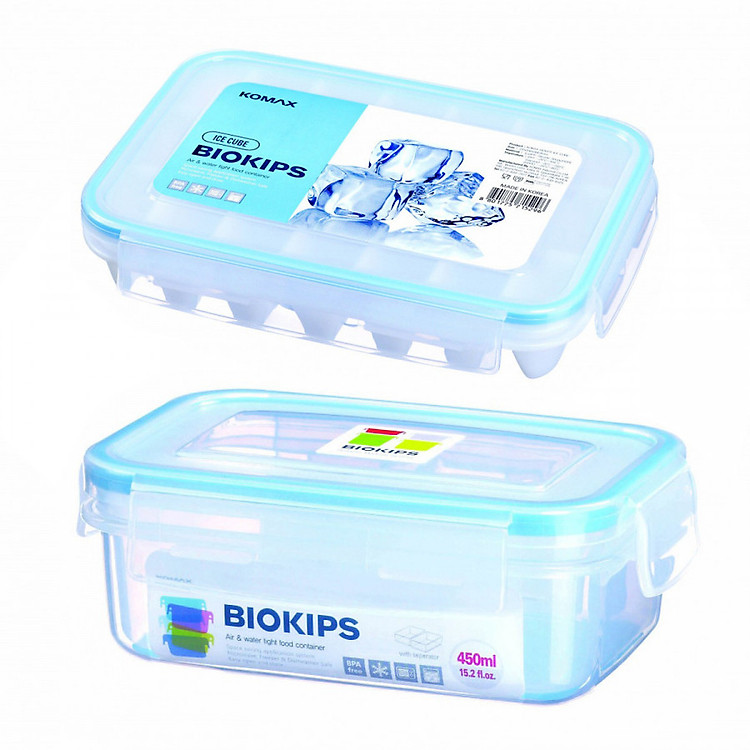 Combo Khay đá 21 viên kháng khuẩn nắp kín 100% Komax + Hộp đựng thực phẩm chia ngăn 450ml Komax Biokips cao cấp Hàn Quốc