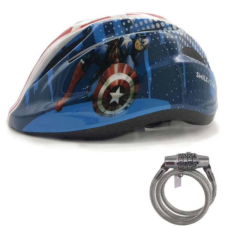 Combo Mũ Bảo Hiểm Xe Đạp Trẻ Em Cao Cấp Protec Smile Họa Tiết Đội Trưởng Mỹ Captain American + Khóa Mật Mã Nhật Bản - Hàng Chính Hãng