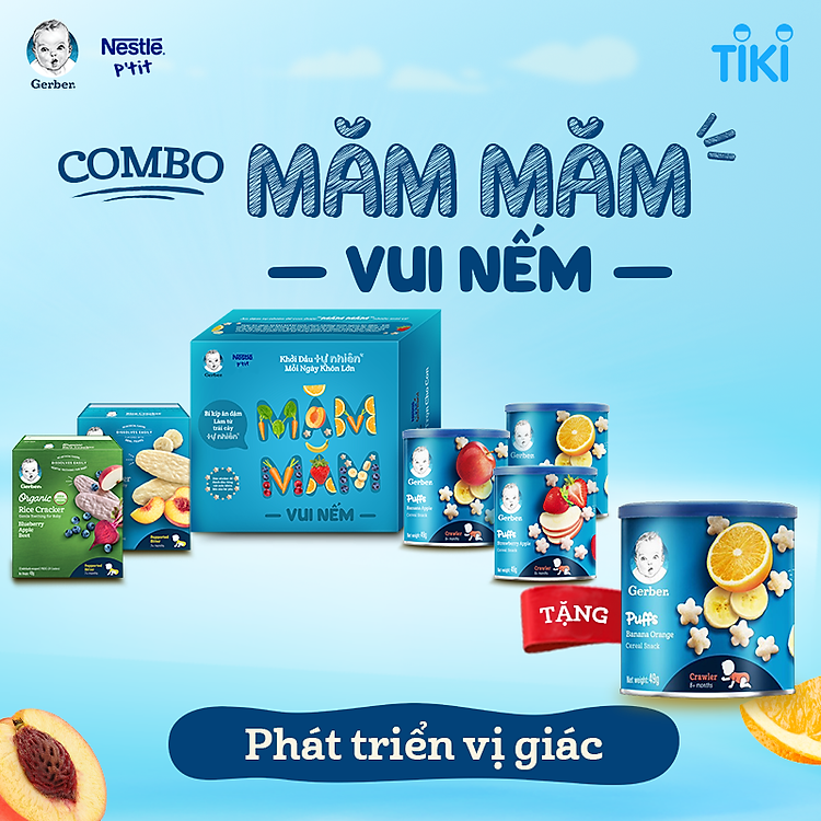 Măm măm vui nếm - 3 Bánh ăn dặm Gerber Vị Cam Chuối/ Chuối Táo/ Dâu Táo + 2 Bánh gạo ăn dặm Gerber vị Chuối Đào/Việt Quốc Táo Củ Dền + Tặng 1 lon Gerber puff