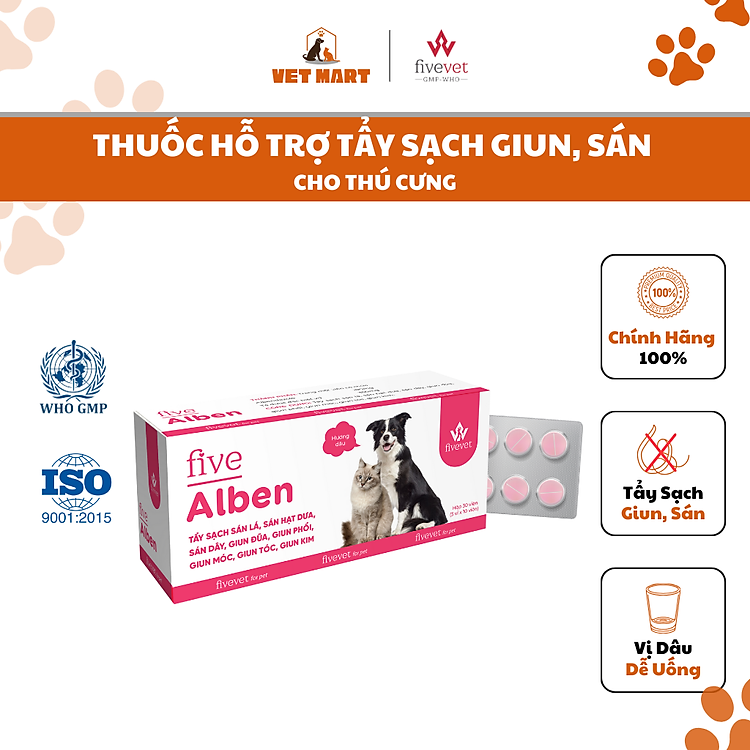 Viên Tẩy Các Loại Sán, Giun Cho Thú Cưng Five Alben For Pet Hương dâu 100mg Hộp 3 vỉ x 10 viên - Fivevet