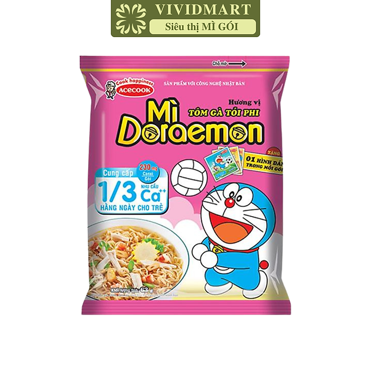 ACECOOK - Mì Doraemon hương vị Tôm gà tỏi phi, Mì ăn liền trẻ em, Mì Doremon bổ sung canxi, Mì gói Doraemon (63/gói)