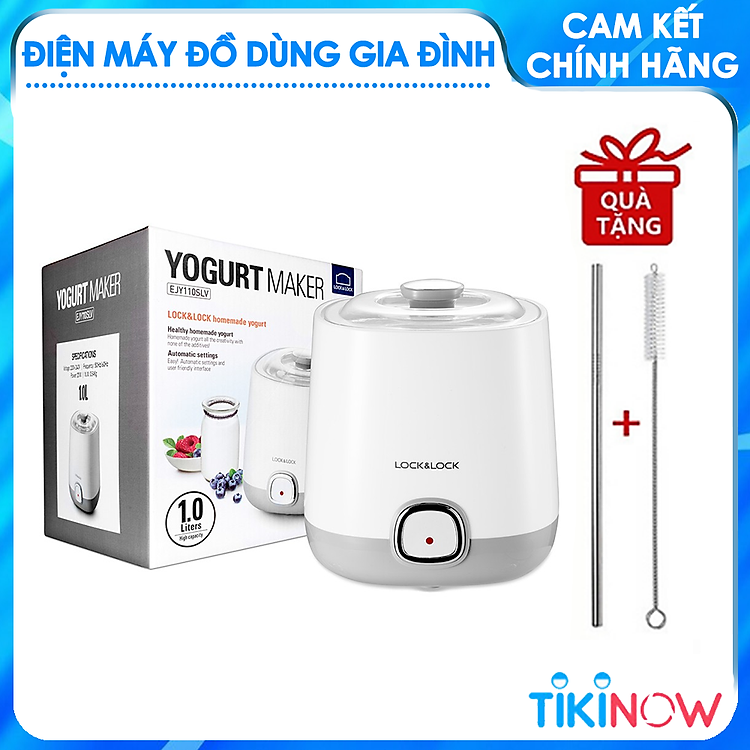 Máy Làm Sữa Chua Lock&Lock EJY110SLV (1000ml) Nắp Trong Suốt Dễ Quan Sát Qúa Trình Lên Men - Hàng Chính Hãng Tặng Combo Ống Hút + Cọ Rửa