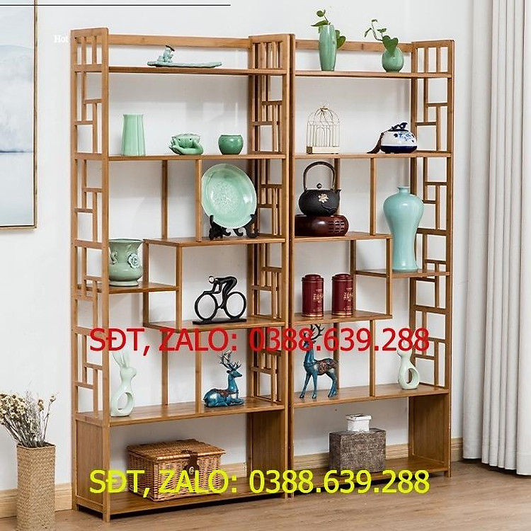 Kệ để sách bằng gỗ tre cao cấp, Kệ để đồ trưng bày gỗ tre hiện đại decor phòng khách MGK052