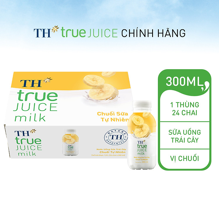 Thùng 24 chai nước uống sữa trái cây TH true JUICE milk vị chuối tự nhiên 300 ml (300 ml x 24)