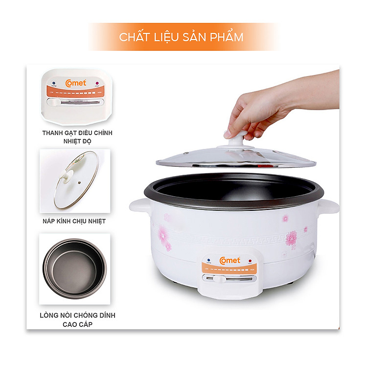 Nồi lẩu điện Comet CM7731 – Dung tích 3.5L, công suất 1300W, chống dính, nắp kính chịu nhiệt, bảo hành 12 tháng - Hàng chính hãng