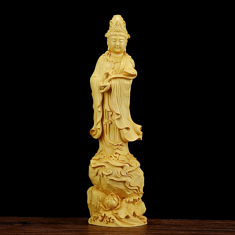 Tượng Phật Quan Âm Như Ý đứng bằng gỗ Hoàng Dương MSPC210 (cao 21 cm)