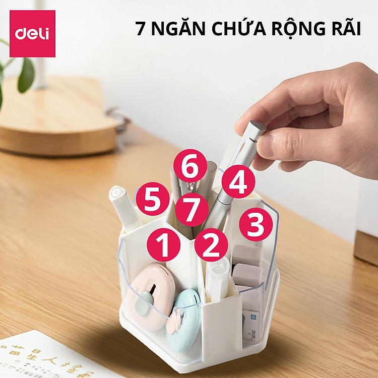 Ống Bút Xoay 360 Độ Deli - Hộp Đựng Bút Tròn Nhiều Ngăn Tích Hợp Giá Đỡ Điện Thoại - Ảnh 3