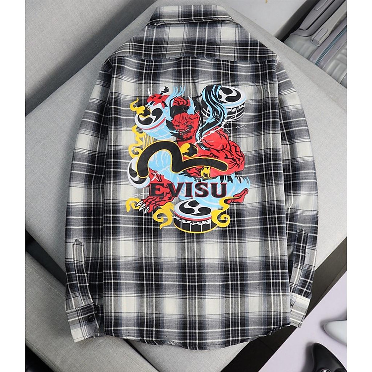 (HCM) ÁO SƠ MI NAM CARO TAY DÀI LOGO THÊU EVISU DARUMA HOTTREND THỜITRANG NAM 1986