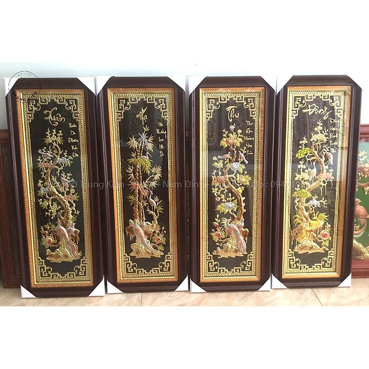 Tranh Tứ Quý Tùng Cúc Trúc Mai Bằng Đồng Khung Gỗ