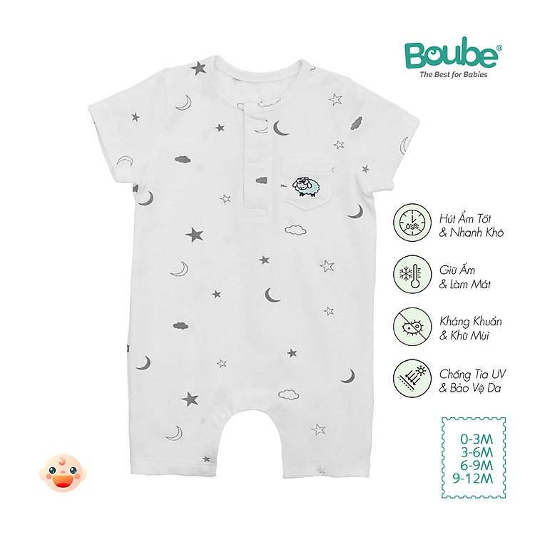 Bộ liền thân, bodysuit cộc tay cổ trụ họa tiết dễ thương cho bé sơ sinh Boube, vải Cotton organic thoáng mát- Size 0-12M