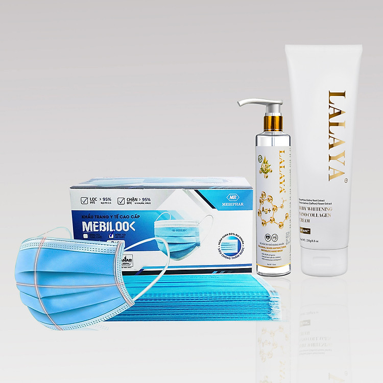 Kem body dưỡng trắng da có chống nắng nano collagen LALAYA(250g) tặng kèm 1 Gel rửa tay khô kháng khuẩn nano bạc LALAYA(150ml) và 1 hộp khẩu trang y tế MEBILOO< kháng khuẩn(40 cái) màu ngẫu nhiên xanh/xám