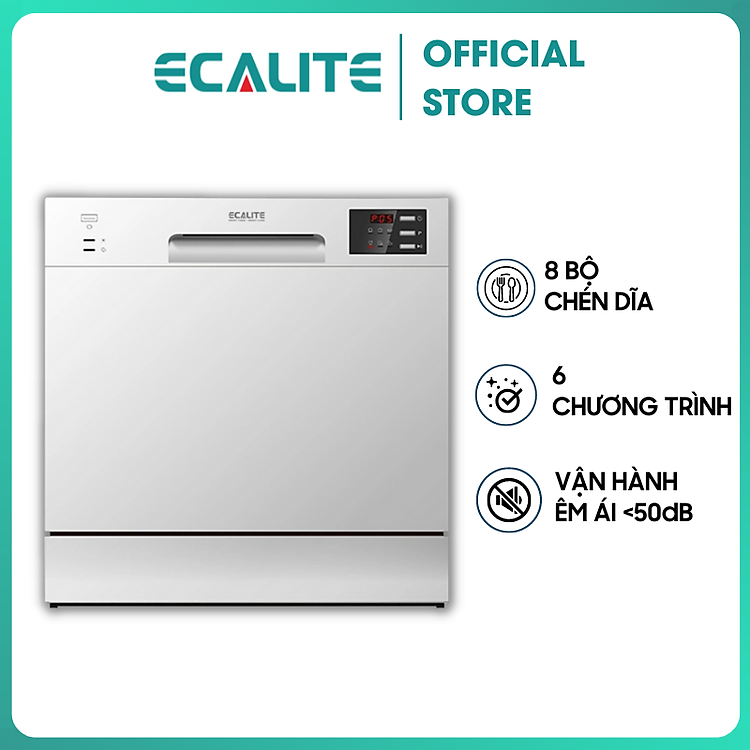 Máy Rửa Chén Ecalite EDW-SMS6080WH (Trắng) - 8 Bộ - 6 Chương Trình Rửa - Hàng Chính Hãng
