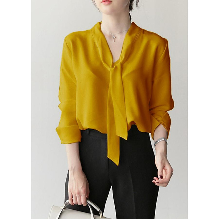 Áo sơ mi công sở nữ kiểu áo cột nơ cổ chữ v tay dài ROMI 3091
