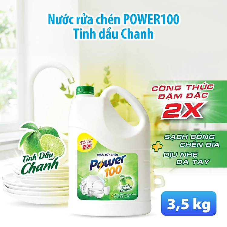Túi Nước Rửa Chén POWER100 Tiết Kiệm Hương Chanh 3.5KG