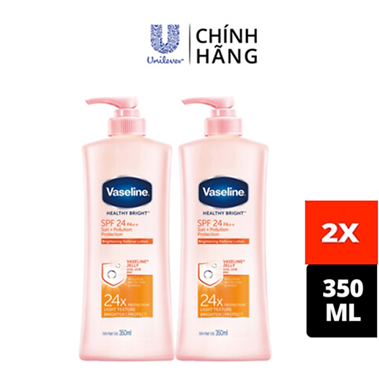 Combo 2 Sữa dưỡng thể chống nắng và dưỡng sáng SPF24 PA++VASELINE Healthy Bright Sun + Pollution Protection 350ML/chai