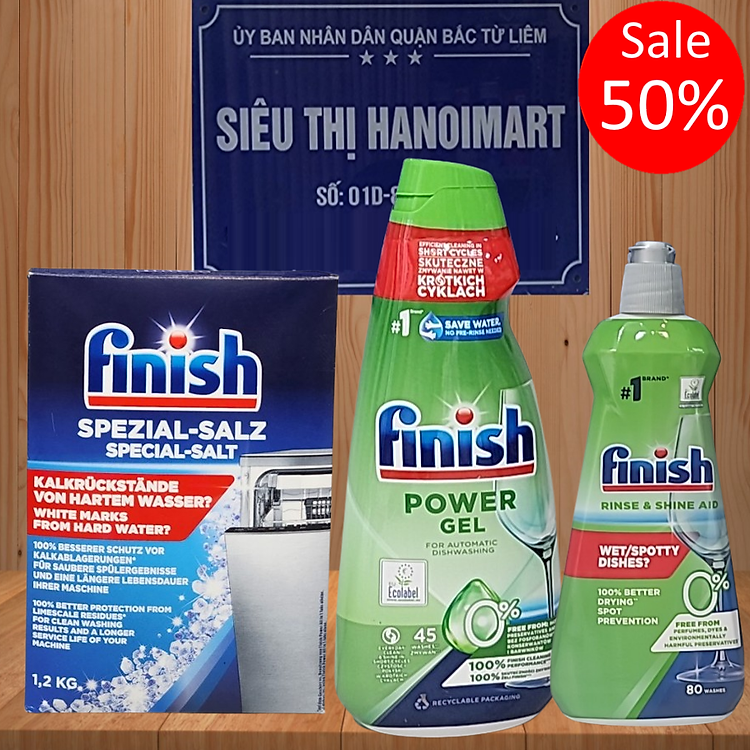 Combo Nước rửa bát Finish hữu cơ 900ml + Muối Finish 1.2kg + Nước làm bóng Finish 750ml0