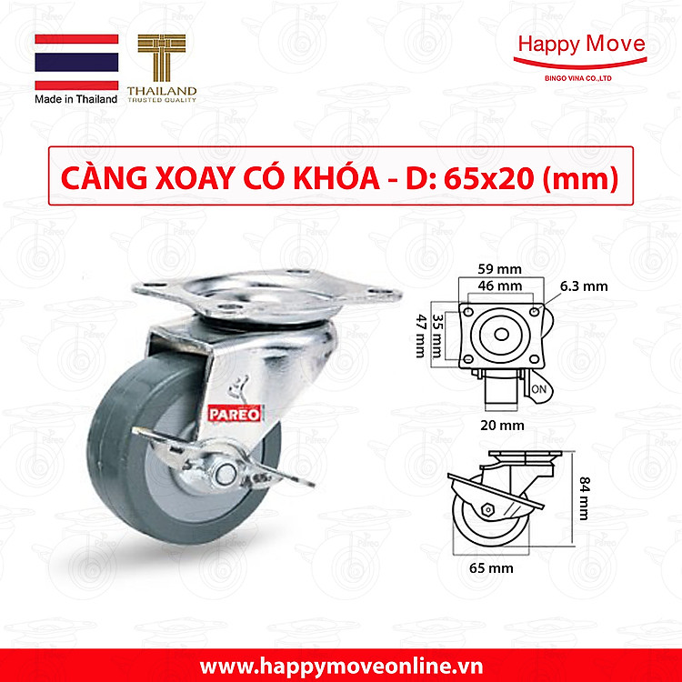 Bánh xe đẩy cao su tổng hợp xám tải nhẹ càng xoay khóa - 50-65-75mm - Happy Move Thái Lan