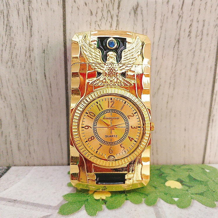 Bật Lửa Gas Khò Kiêm Đồng Hồ Đèn Led Đổi Màu Có Hình Đại Bàng In Nổi