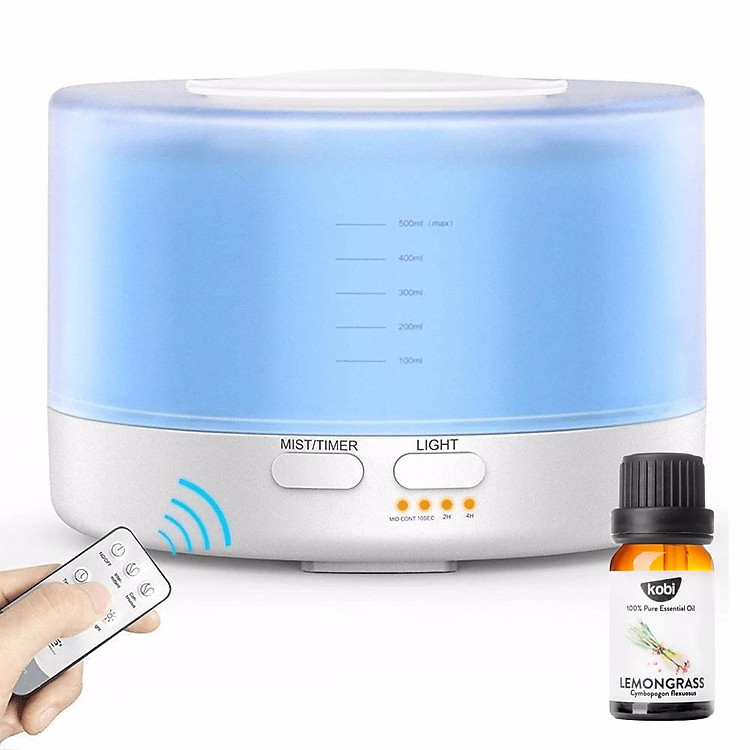 Máy xông tinh dầu Bình Minh giúp khuếch tán, tỏa hương tinh dầu, tạo độ ẩm, xông phòng, tặng kèm điều khiển từ xa và tinh dầu sả chanh Kobi