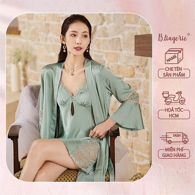 Váy Ngủ Hai Dây Ren Hoa Thanh Lịch (Kèm áo choàng) - B.Lingerie
