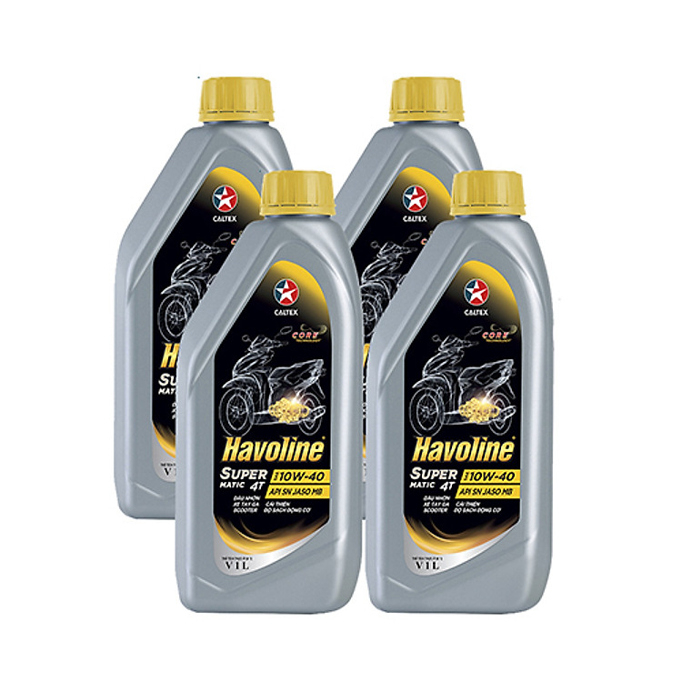 4 chai dâu nhớt xe tay ga Caltex Havoline Supermatic 4T SAE 10W40 API SN, JASO MB 1L