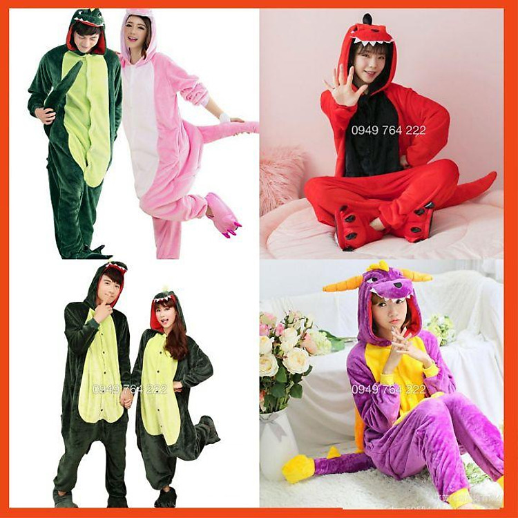 Bộ Đồ Thú Khủng Long Xanh - Hồng - Đỏ - Tím Đủ Size