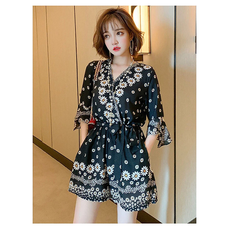 Jumsuit tay loe cột eo họa tiết hoa cúc - KT2766