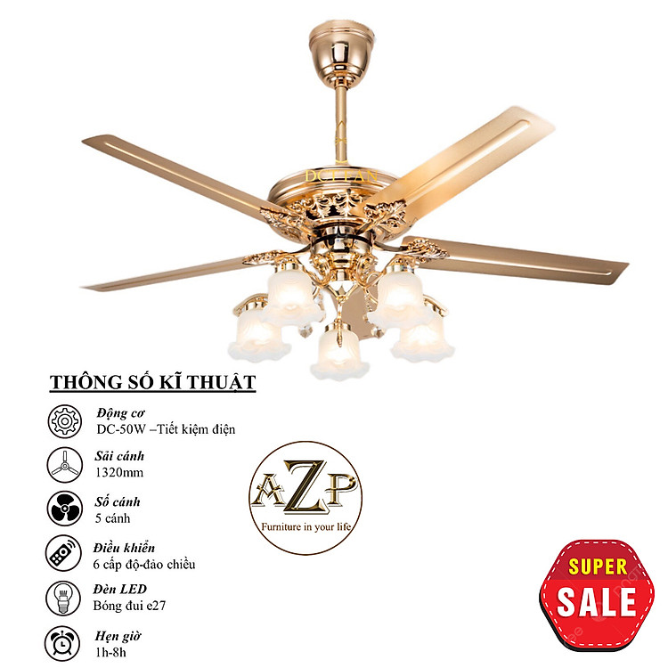 Siêu Sales Quạt Trần Azp- 5 Cánh Kim Loại, Công Xuất 50W, Có Remote- Hàng Nhập Khẩu