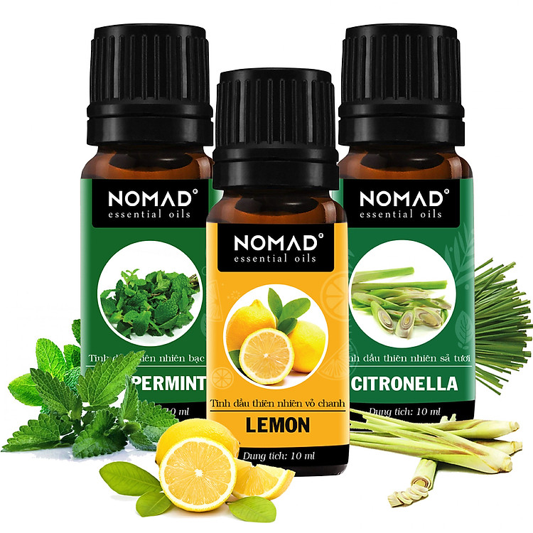 Combo 3 Tinh Dầu Nguyên Chất Nomad: Tinh Dầu Bạc Hà (10ml) + Tinh Dầu Chanh (10ml) + Tinh Dầu Sả Tươi (10ml)
