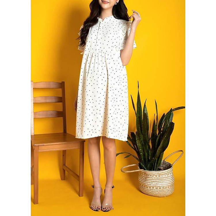 Đầm Bầu - Váy Bầu Chấm Bi Trắng Cầu Vai Điệu ĐB1173