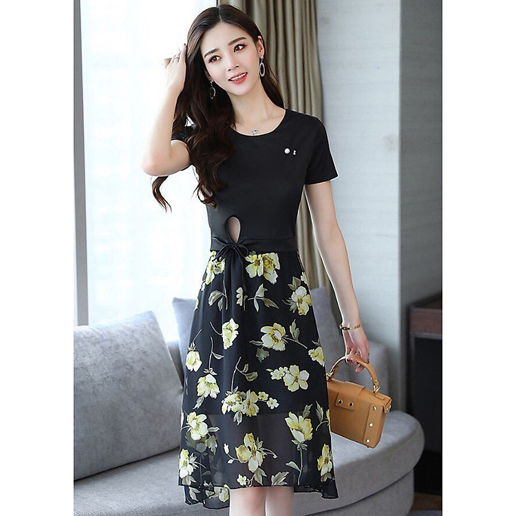 Set áo thun cột eo phối chân váy xòe hoa vàng D1033