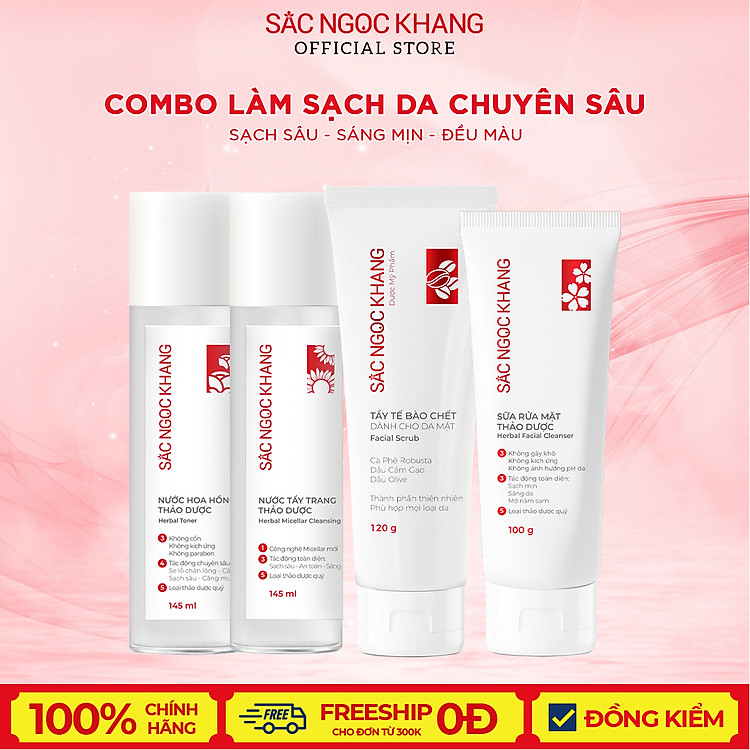 Combo làm sạch da chuyên sâu SẮC NGỌC KHANG Nước tẩy trang, Nước hoa hồng, Sữa rửa mặt 100g,Tẩy tế bào chết 120g