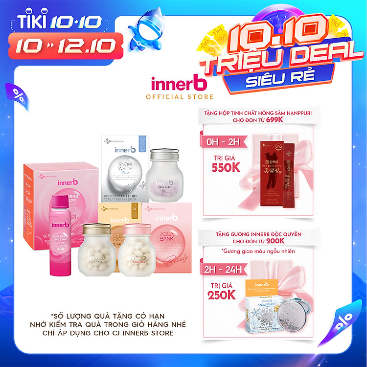 Combo thực phẩm bảo vệ sức khỏe InnerB Aqua Rich Doubleup, InnerB Snow White, InnerB Aqua Bank Radiant Soft Skin và Nước uống Collagen InnerB Glowshot