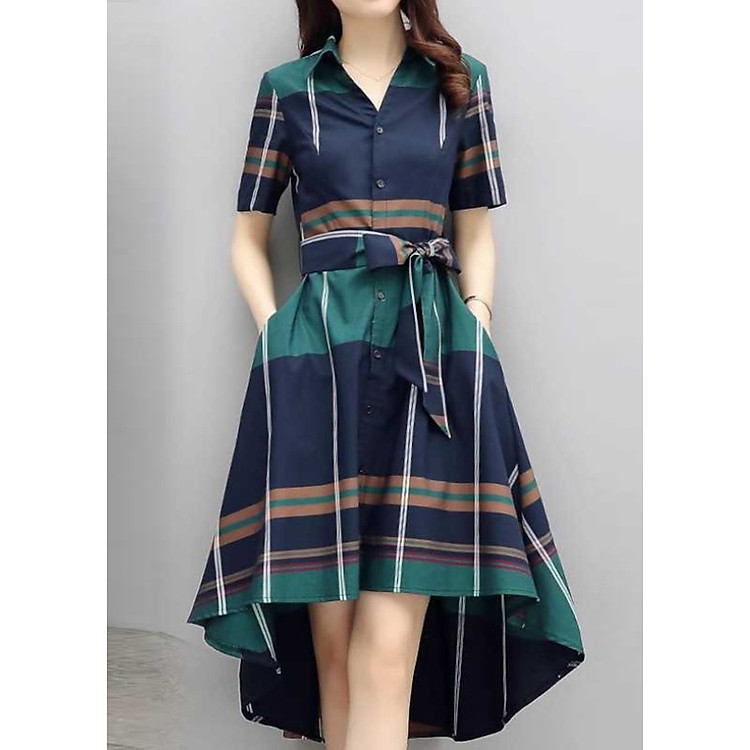 Đầm xòe sơ mi công sở nữ ngắn tay kẻ ô vuông D-CRB02