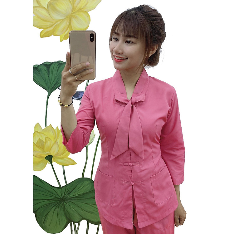 Quần Áo nữ Phật Tử Đi Chùa kiểu La Hán nơ A39