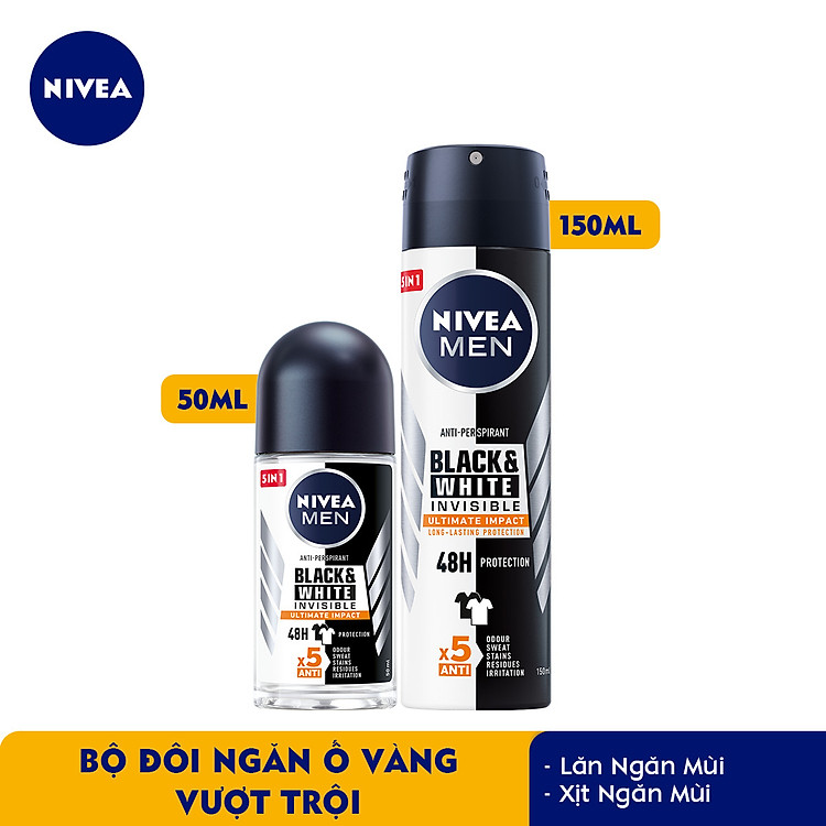 Bộ đôi Lăn Ngăn Mùi NIVEA MEN Black & White Ngăn Vệt Ố Vàng Vượt Trội 5in1 (50ml) - 85392 & Xịt Ngăn Mùi NIVEA MEN Black & White Ngăn Vệt Ố Vàng Vượt Trội 5in1 (150ml) - 85388