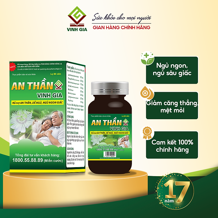 Viên Uống An Thần VINH GIA Hỗ Trợ Ngủ Ngon, Giảm Căng Thẳng Mệt Mỏi Cho Người Bị Suy Nhược Thần Kinh 60 Viên/Hộp