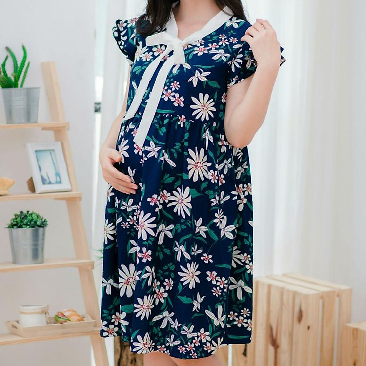 Đầm bầu cổ nơ và tay bèo 2 lớp Emum