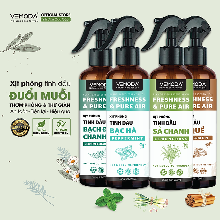 Bình Xịt phòng tinh dầu Sả Chanh, Bạc hà, Quế, Bạch đàn chanh Vemoda giúp hỗ trợ đuổi muỗi, thơm phòng nhanh chóng. Chai xịt hỗ trợ đuổi muỗi từ tinh dầu thiên nhiên