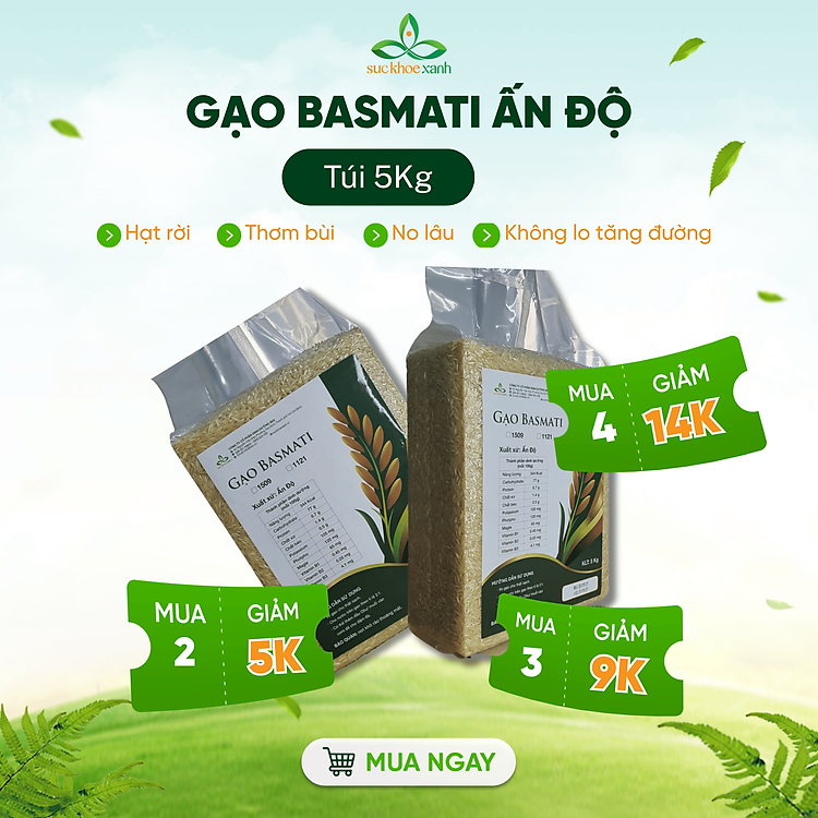 Gạo Basmati India (Ấn Độ) 1121, chỉ số đường huyết (GI) thấp, tốt cho người bị tiểu đường, Túi 5kg